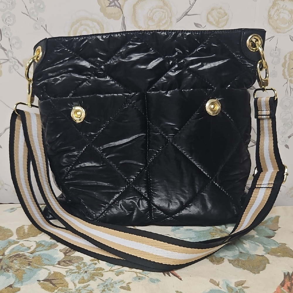 SONDRA ROBERTS SQUARED Black Quilted Shoulder Bag with Gold-Toned Accents